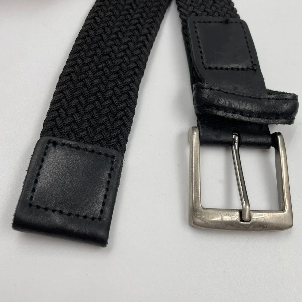 Men's Black Braided Elastic Stretch Belt Silver Buckle Leather Trim 42